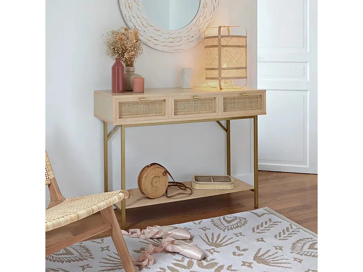 Table Console meuble d'entrée à 3 tiroirs cannage rotin - Longueur 110 x Profondeur 40 x Hauteur 80 cm