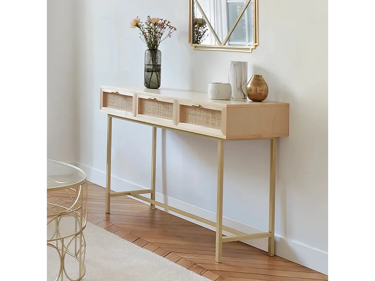 Table Console meuble d'entrée à 3 tiroirs cannage rotin - Longueur 110 x Profondeur 40 x Hauteur 80 cm