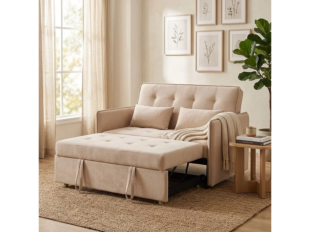 Sofá cama Bilbao 2 plazas con cojines y bolsillo lateral beige 96x135x87 cm