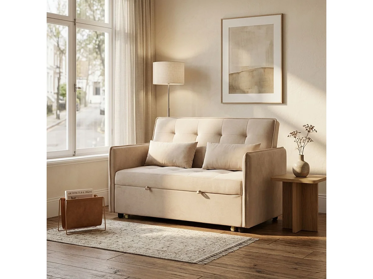 Sofá cama Bilbao 2 plazas con cojines y bolsillo lateral beige 96x135x87 cm