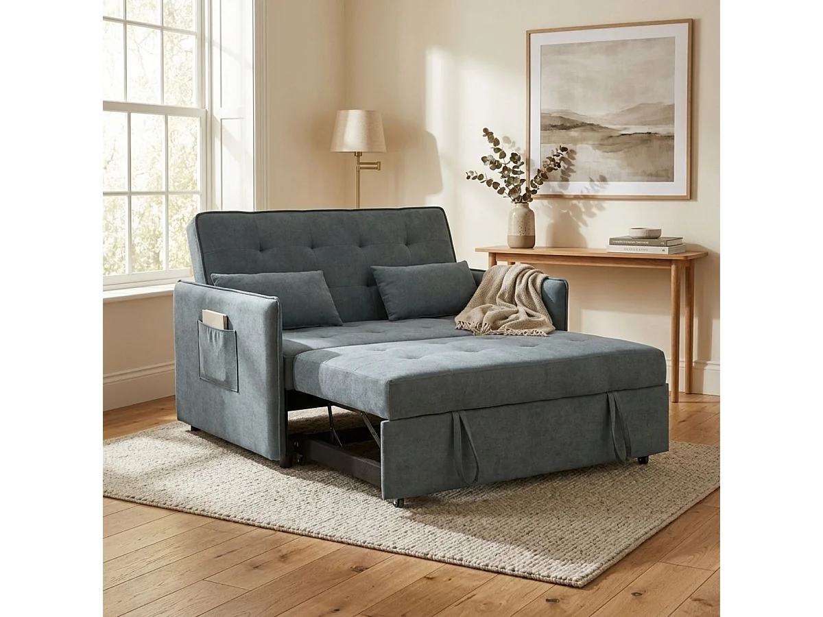 Sofá cama Bilbao 2 plazas con cojines y bolsillo lateral gris 96x135x87 cm