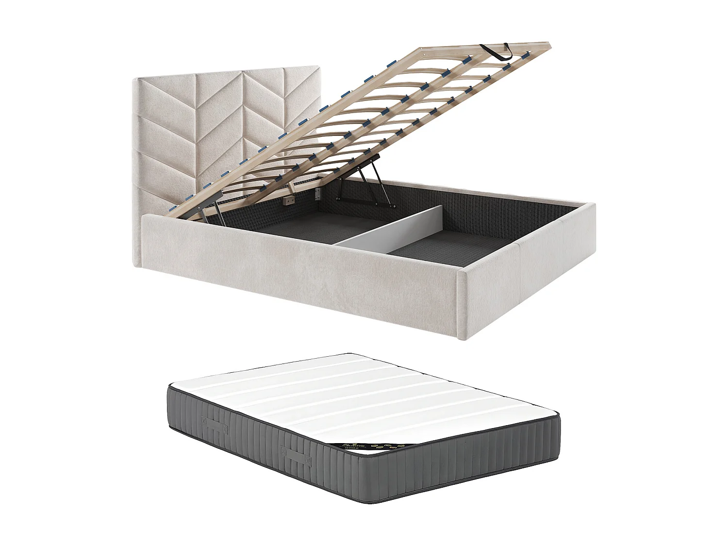 Lit coffre 160 x 200 cm - Tissu texturé - Crème + Matelas - JUSTANI