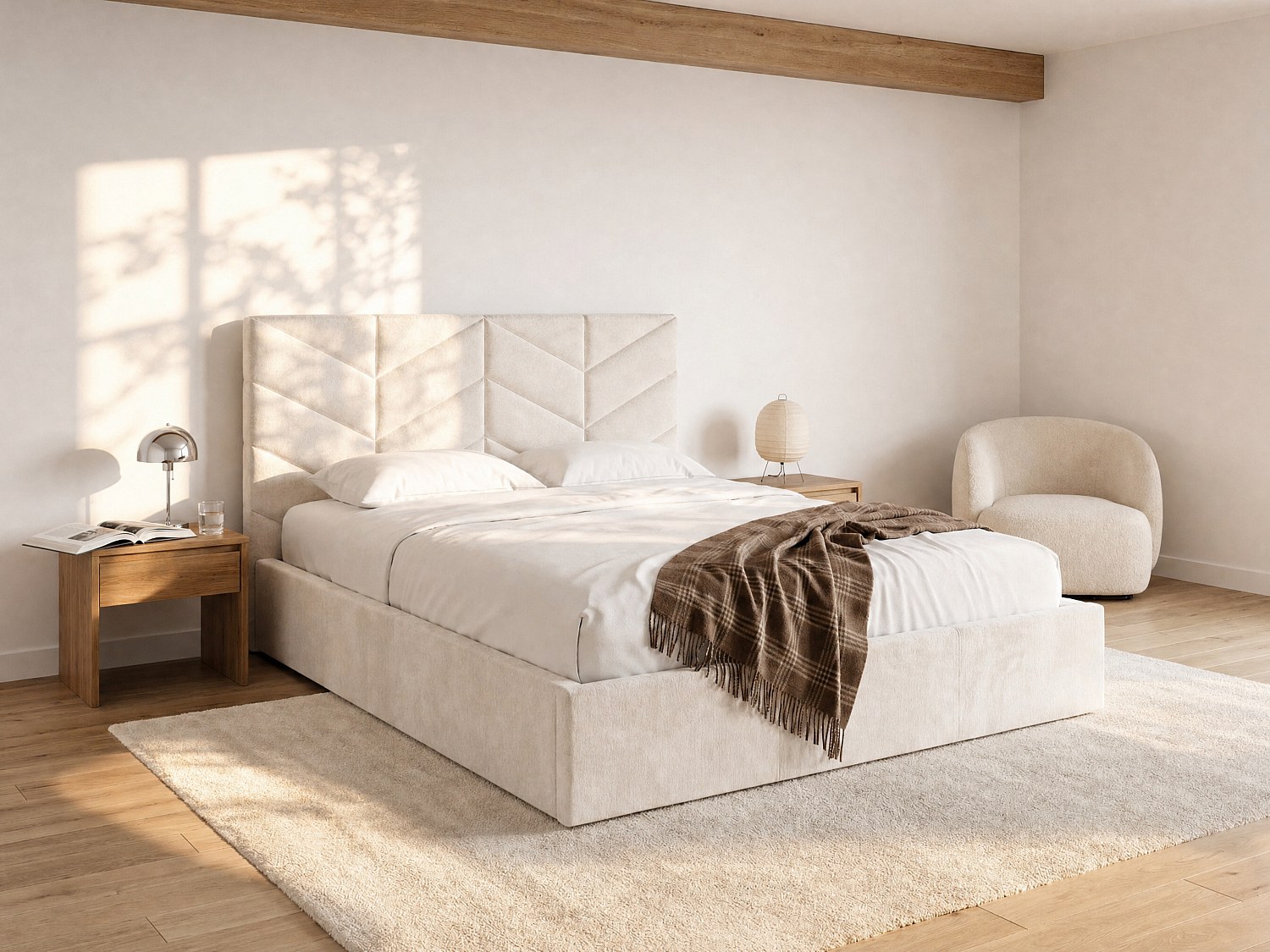 Bett mit Bettkasten - 160 x 200 cm - Strukturstoff - Creme + Matratze - JUSTANI