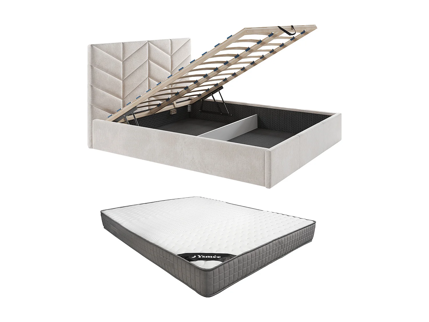 Lit coffre 160 x 200 cm - Tissu texturé - Crème + Matelas - JUSTANI