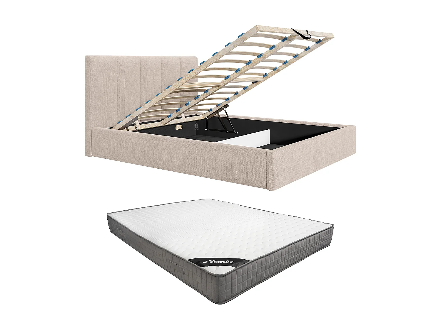 Lit coffre 160 x 200 cm avec tête de lit coutures verticales - Tissu - Beige - Avec matelas - KILACLO