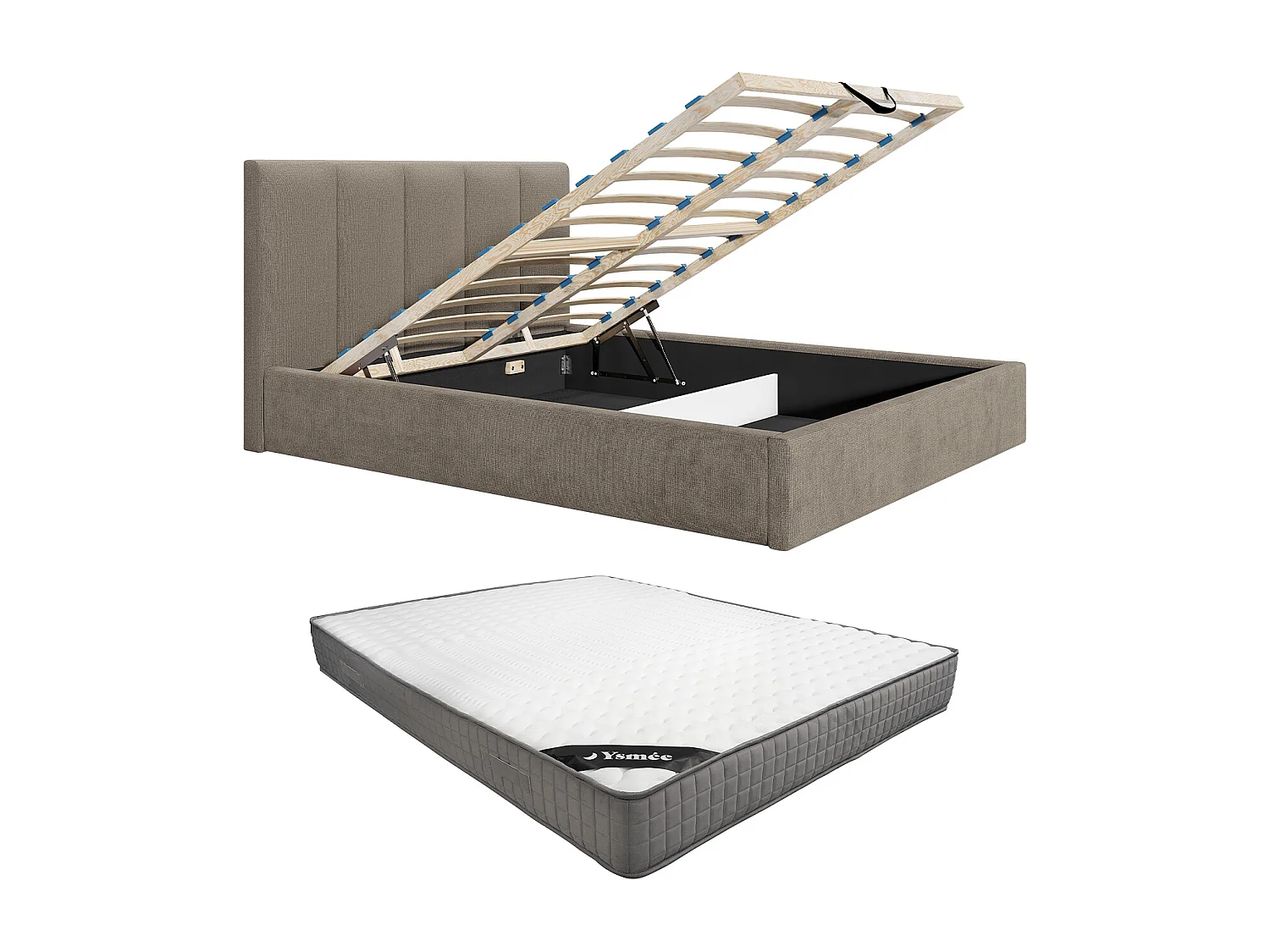 Lit coffre 160 x 200 cm avec tête de lit coutures verticales - Tissu - Taupe - Avec matelas - KILACLO