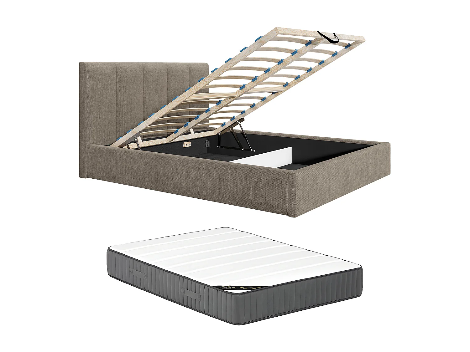 Lit coffre 160 x 200 cm avec tête de lit coutures verticales - Tissu - Taupe - Avec matelas - KILACLO