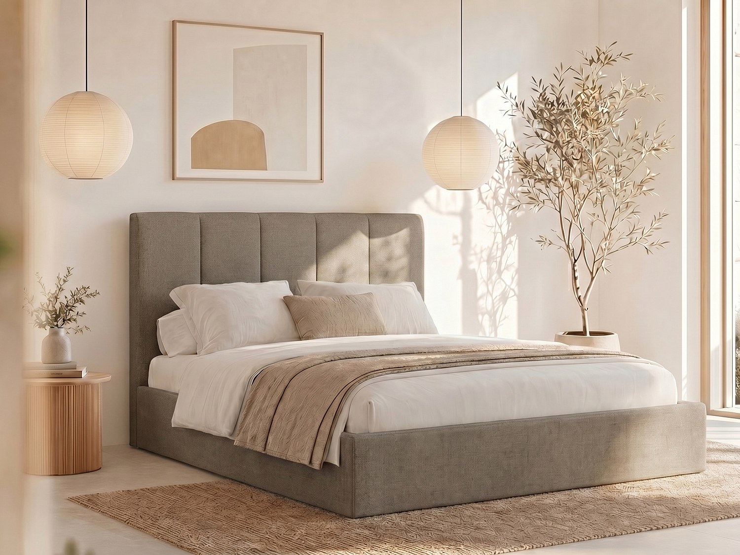 Bett mit Bettkasten und Kopfteil mit vertikalen Ziernähten - 160 x 200 cm - Stoff - Taupe - Mit Matratze - KILACLO
