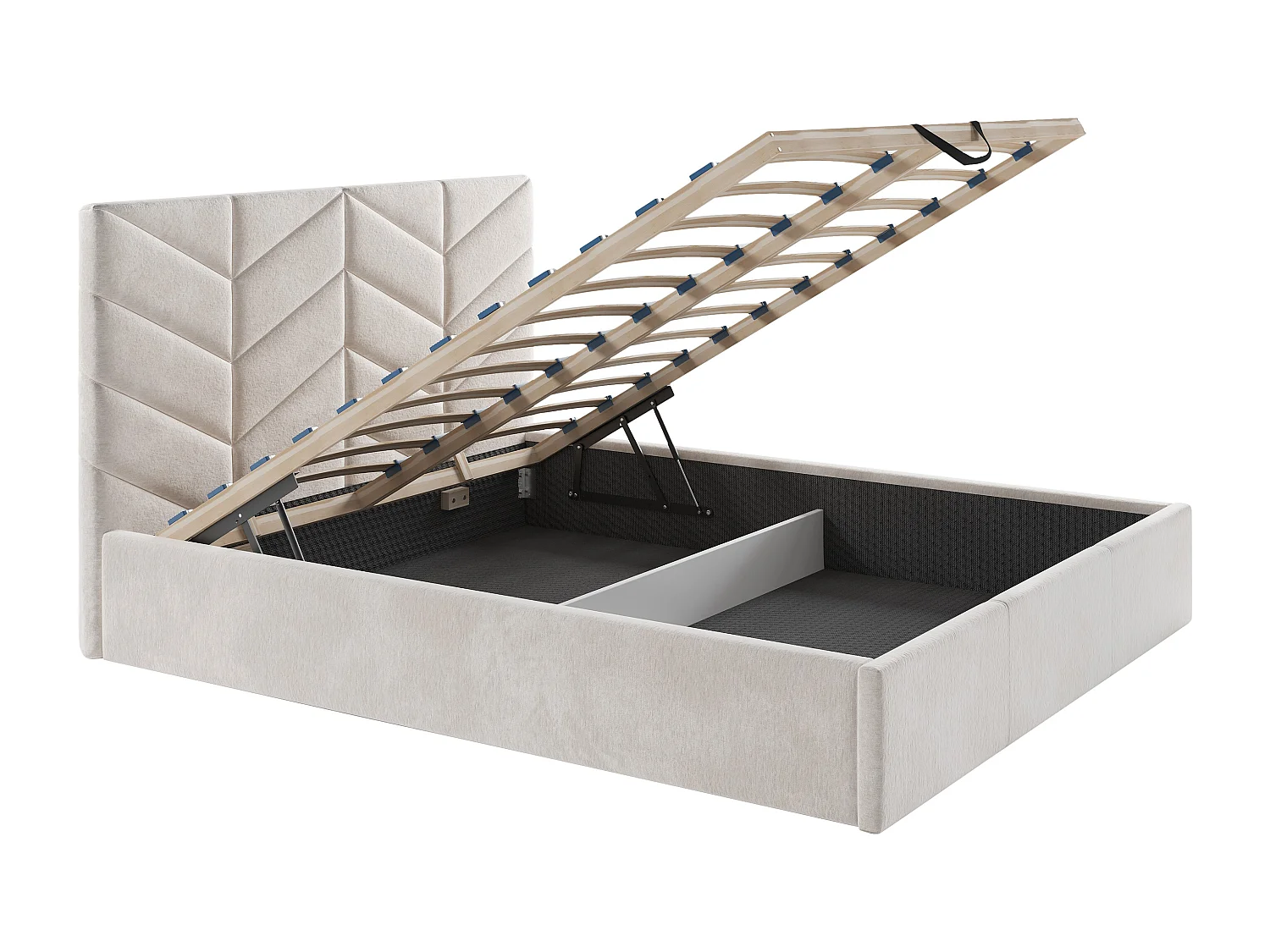 Lit coffre 180 x 200 cm - Tissu texturé - Crème + Matelas - JUSTANI