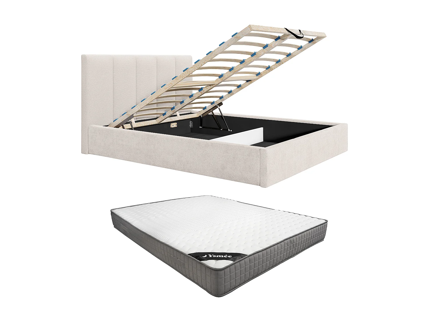 Lit coffre 180 x 200 cm avec tête de lit coutures verticales - Tissu - Beige - Avec matelas - KILACLO