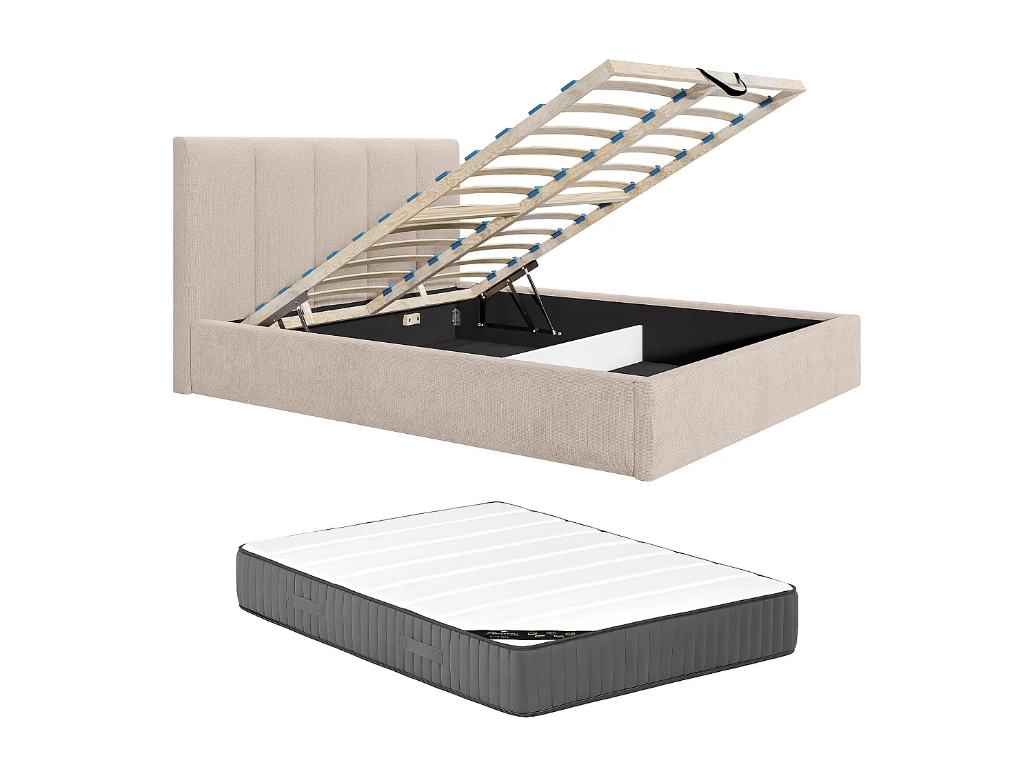 Lit coffre 180 x 200 cm avec tête de lit coutures verticales - Tissu - Beige - Avec matelas - KILACLO