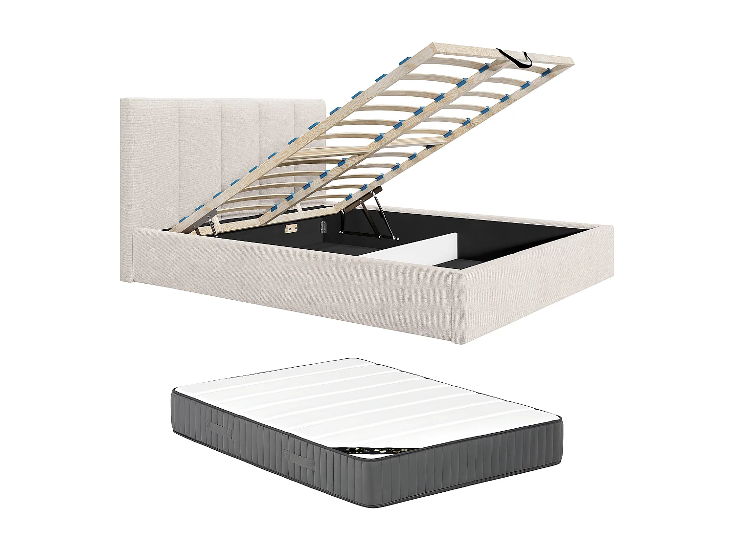 Lit coffre 200 x 200 cm avec tête de lit coutures verticales - Tissu - Beige - Avec matelas - KILACLO