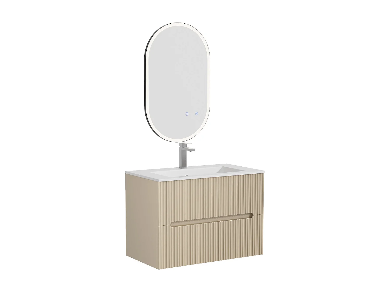 Meuble de salle de bain suspendu avec vasque à encastrer, robinet et miroir - Strié beige - 80 cm - PAVANI
