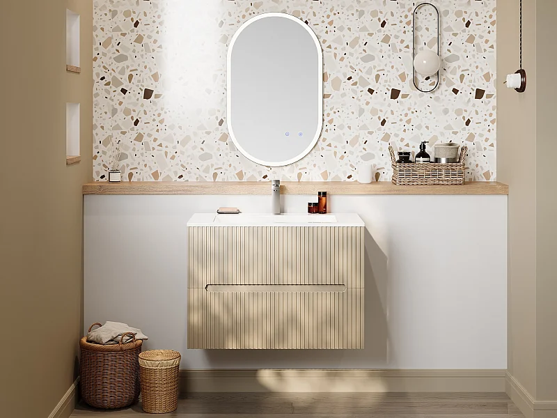 Meuble de salle de bain suspendu avec vasque à encastrer, robinet et miroir - Strié beige - 80 cm - PAVANI