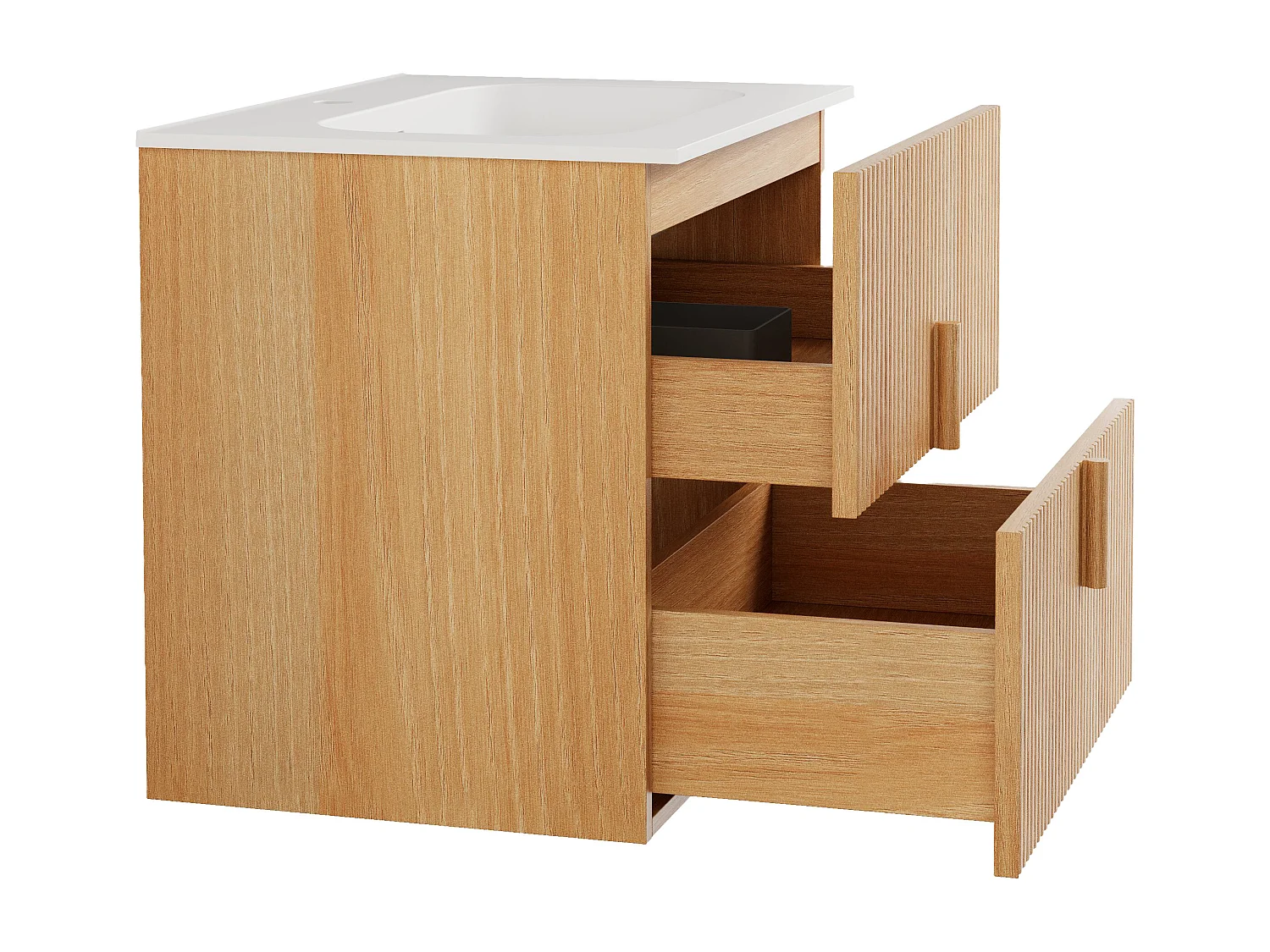 Meuble de salle de bain suspendu strié en bois de frêne avec vasque à encastrer en résine blanc mat – Naturel clair – 60 cm – CAPRELA