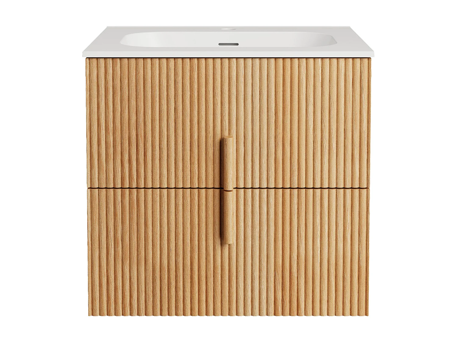 Meuble de salle de bain suspendu strié en bois de frêne avec vasque à encastrer en résine blanc mat – Naturel clair – 60 cm – CAPRELA