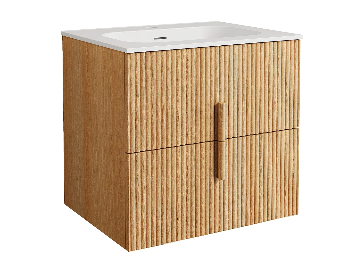 Meuble de salle de bain suspendu strié en bois de frêne avec vasque à encastrer en résine blanc mat – Naturel clair – 60 cm – CAPRELA