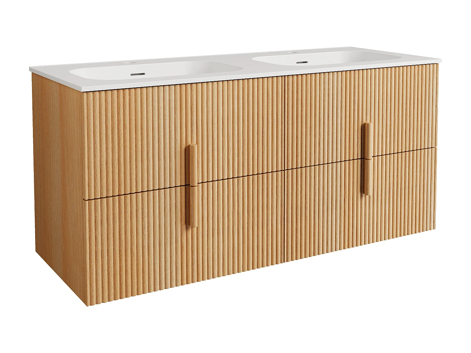 Meuble de salle de bain suspendu strié en bois de frêne avec vasque à encastrer en résine blanc mat – Naturel clair – 120 cm – CAPRELA