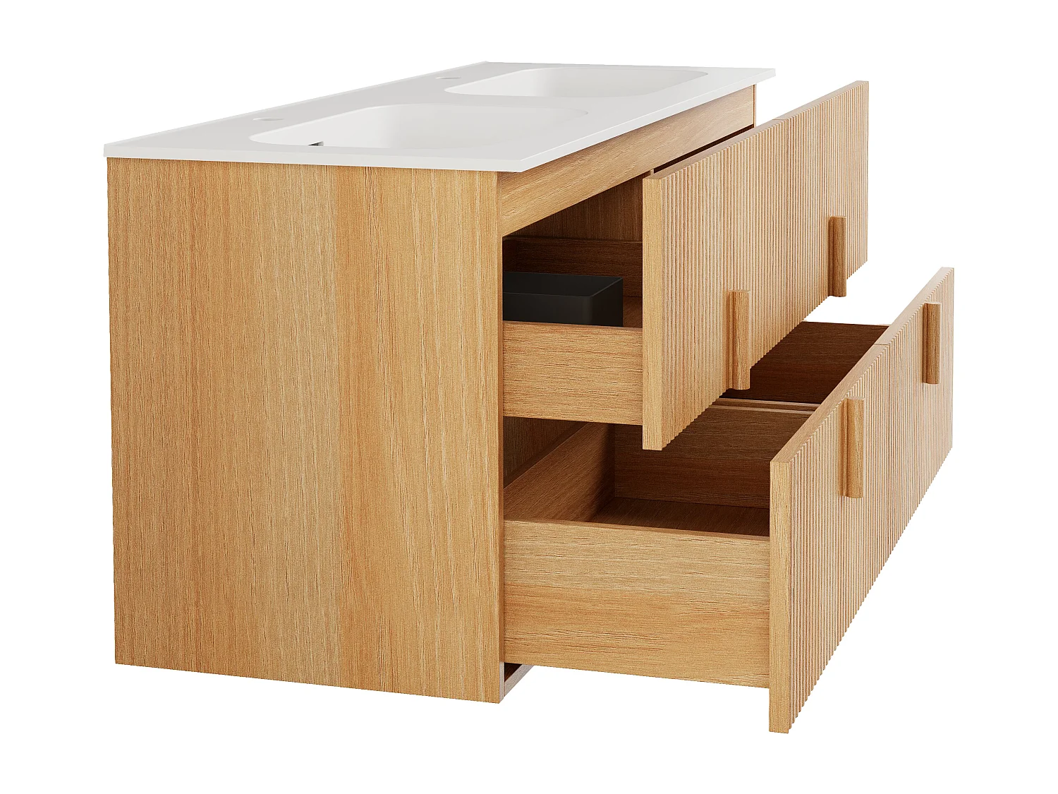Meuble de salle de bain suspendu strié en bois de frêne avec vasque à encastrer en résine blanc mat – Naturel clair – 120 cm – CAPRELA