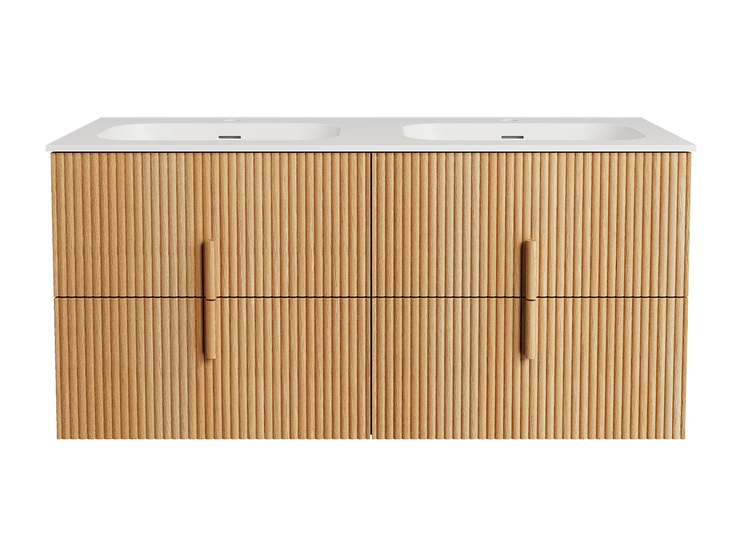 Meuble de salle de bain suspendu strié en bois de frêne avec vasque à encastrer en résine blanc mat – Naturel clair – 120 cm – CAPRELA