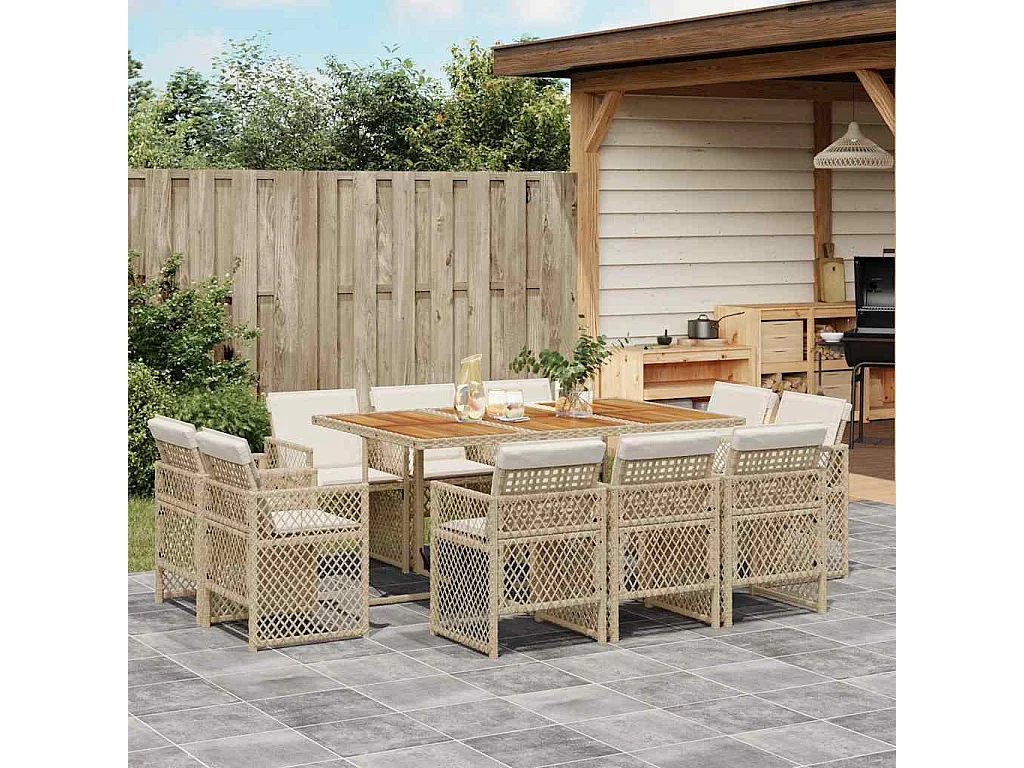 Set comedor de jardín 11 piezas con cojines ratán sintético beige