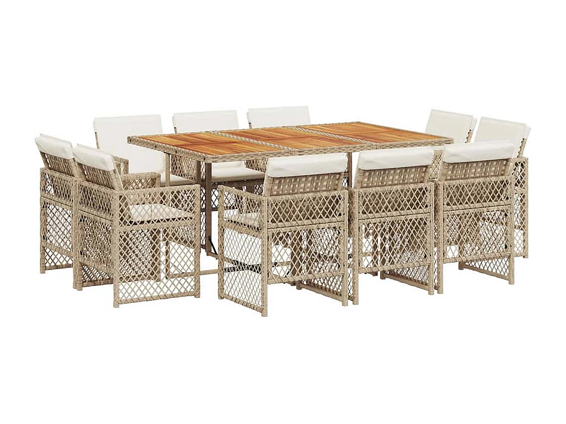Set comedor de jardín 11 piezas con cojines ratán sintético beige