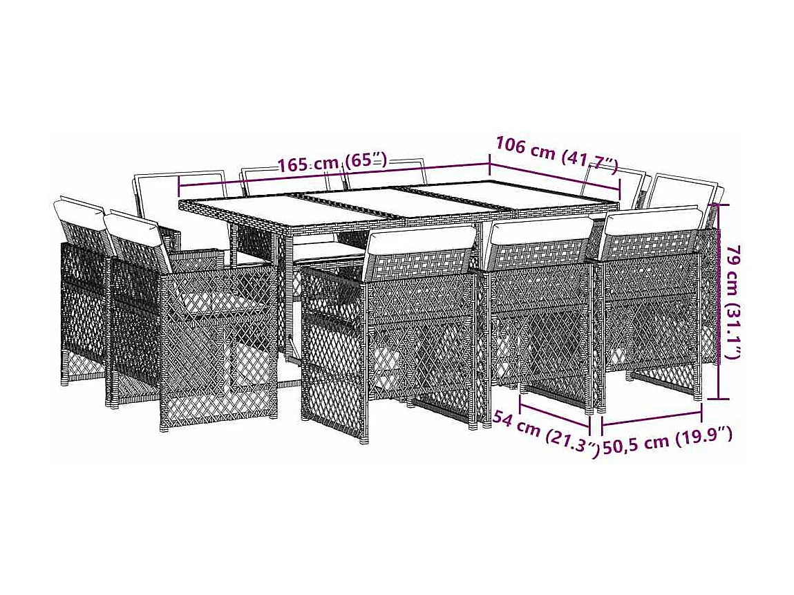 Set comedor de jardín 11 piezas con cojines ratán sintético beige
