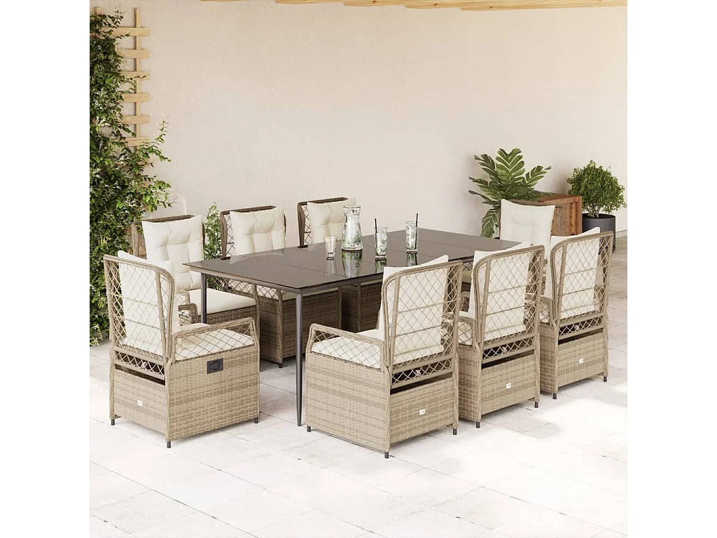 Ensemble à manger de jardin et coussins 9 pièces beige Poly rotin