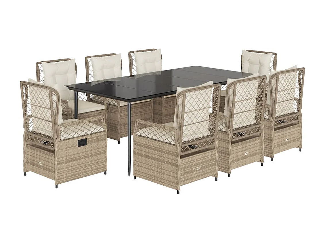 Ensemble à manger de jardin et coussins 9 pièces beige Poly rotin