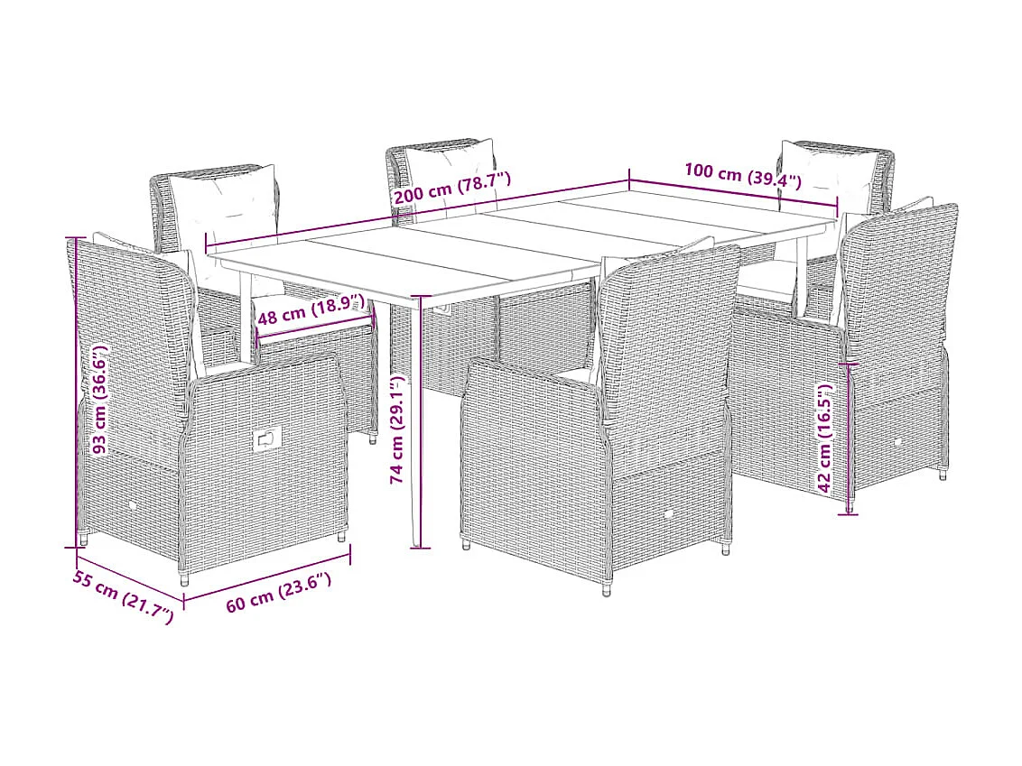 Set comedor de jardín 7 piezas con cojines ratán sintético beige