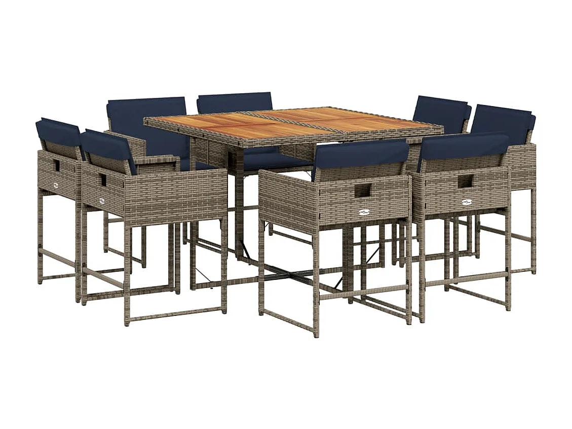 Ensemble à manger de jardin 9 pièces coussins gris résine tressée