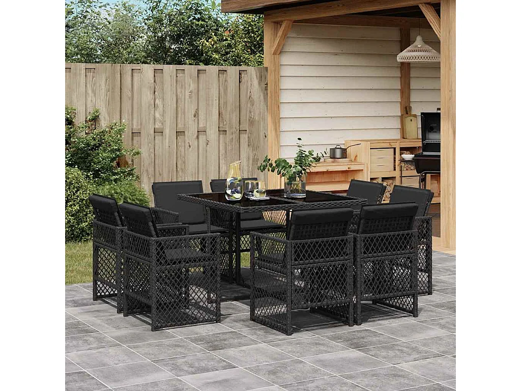 Ensemble à manger de jardin 9 pièces coussins noir résine tressée