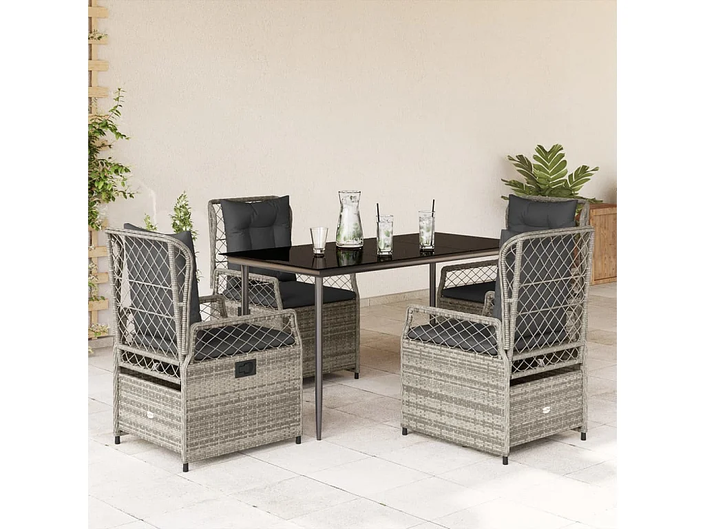 Set comedor de jardín 5 piezas con cojines ratán sintético gris