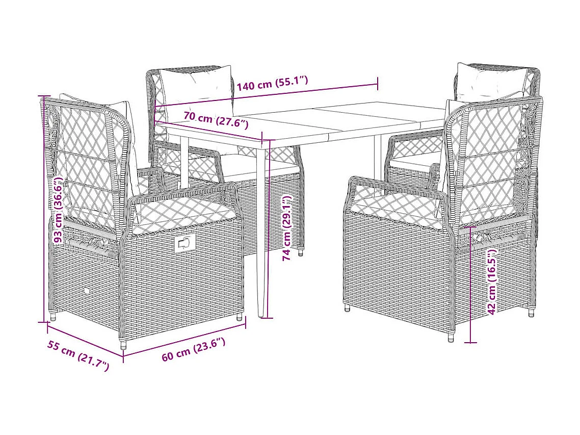 Set comedor de jardín 5 piezas con cojines ratán sintético gris