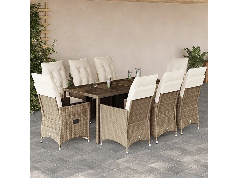 Set comedor de jardín 9 piezas con cojines ratán sintético beige