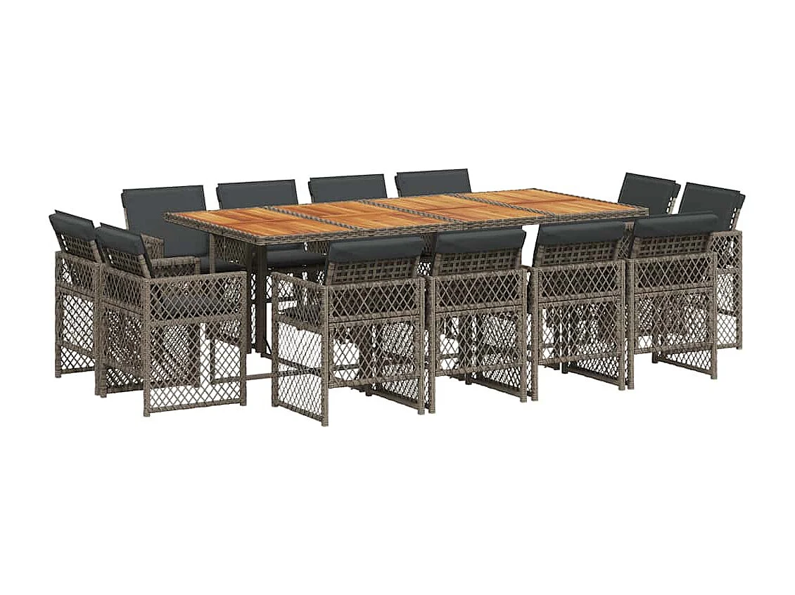 Set comedor de jardín con cojines 13 piezas ratán sintético gris