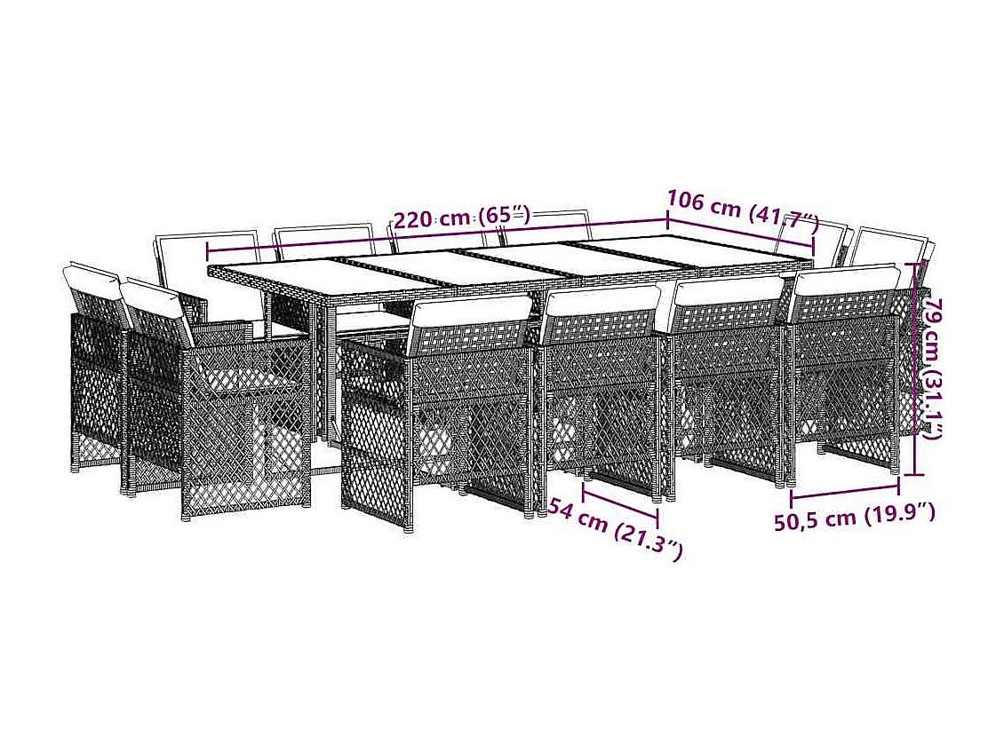 Set comedor de jardín con cojines 13 piezas ratán sintético gris