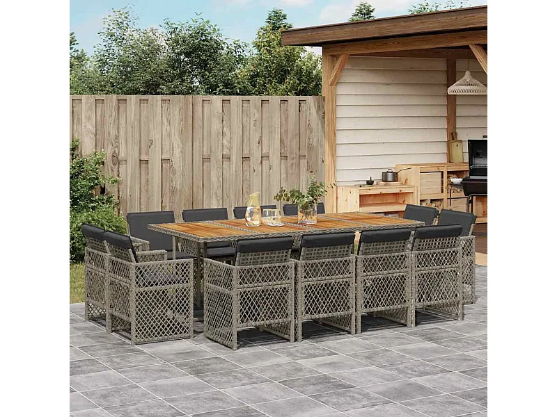 Set comedor de jardín con cojines 13 piezas ratán sintético gris