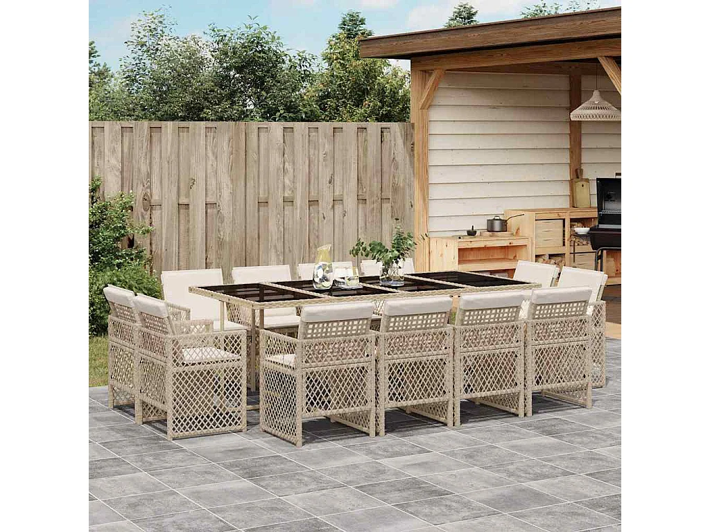 Ensemble à manger de jardin et coussins 13 pièces beige