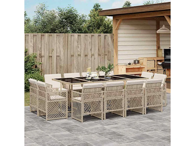 Ensemble à manger de jardin et coussins 13 pièces beige