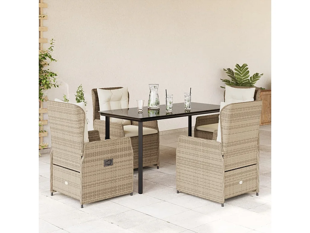 Ensemble à manger de jardin avec coussins 5 pièces Beige poly rotin