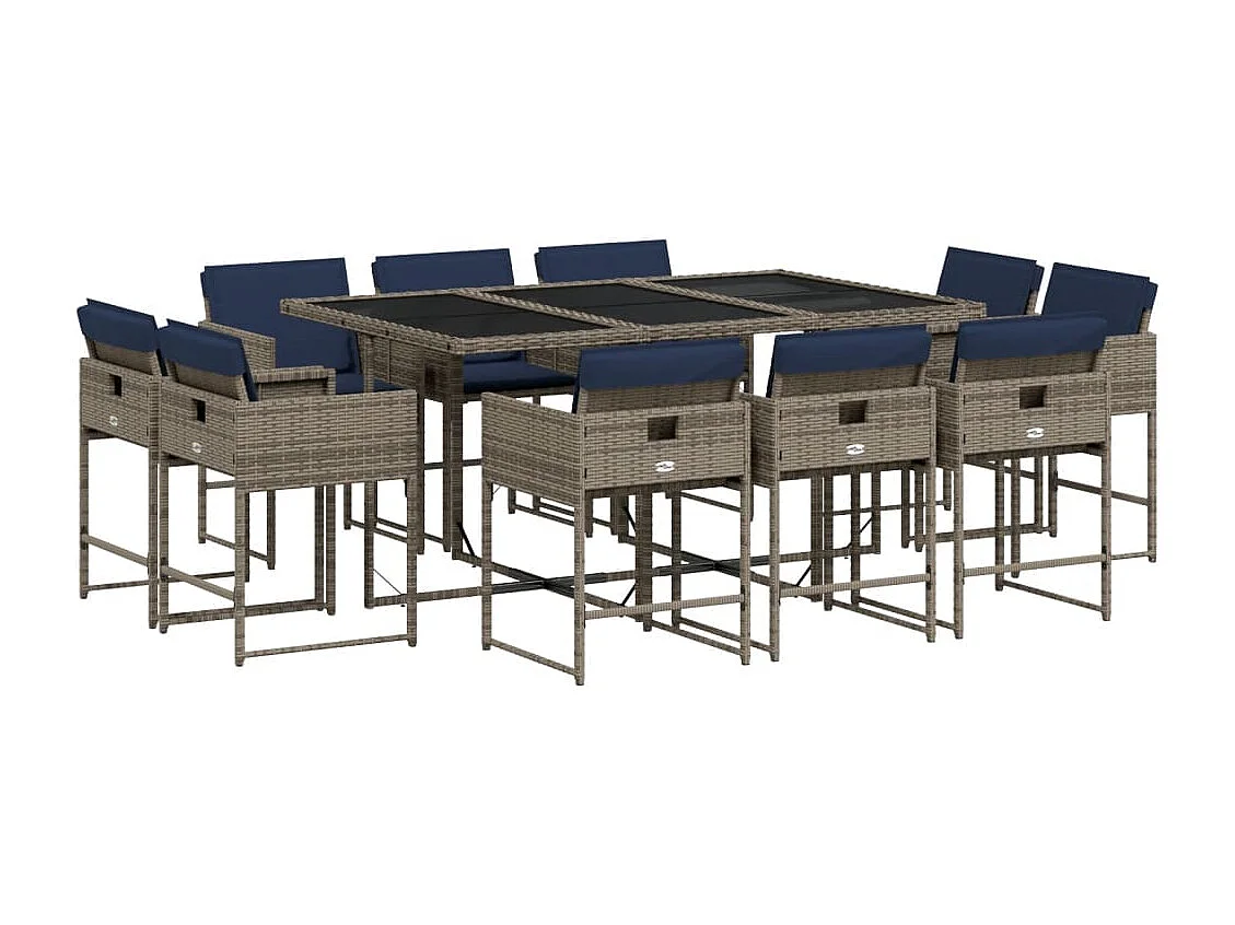 Ensemble à manger de jardin 11 pièces coussins gris résine tressée