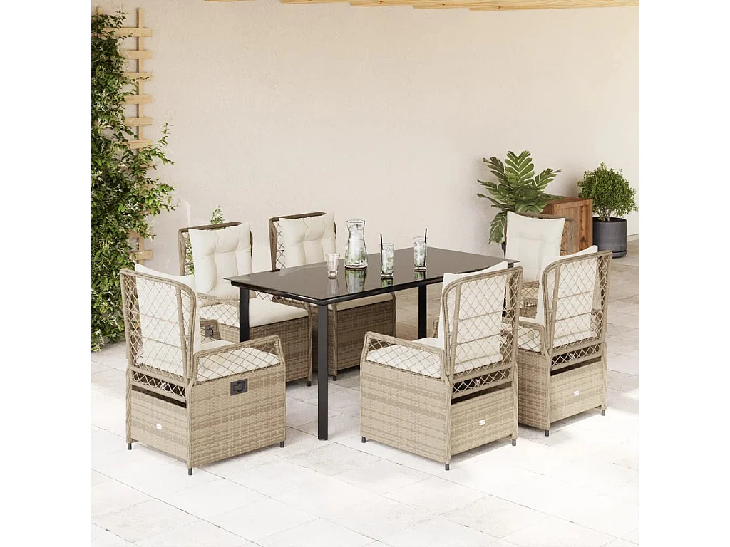 Set comedor de jardín 7 piezas con cojines ratán sintético beige