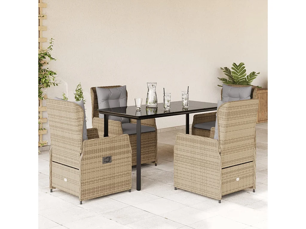 Ensemble à manger de jardin avec coussins 5 pièces Beige poly rotin