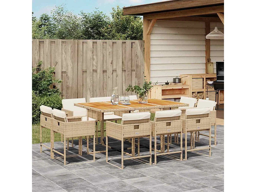 Set comedor de jardín 11 piezas con cojines ratán sintético beige