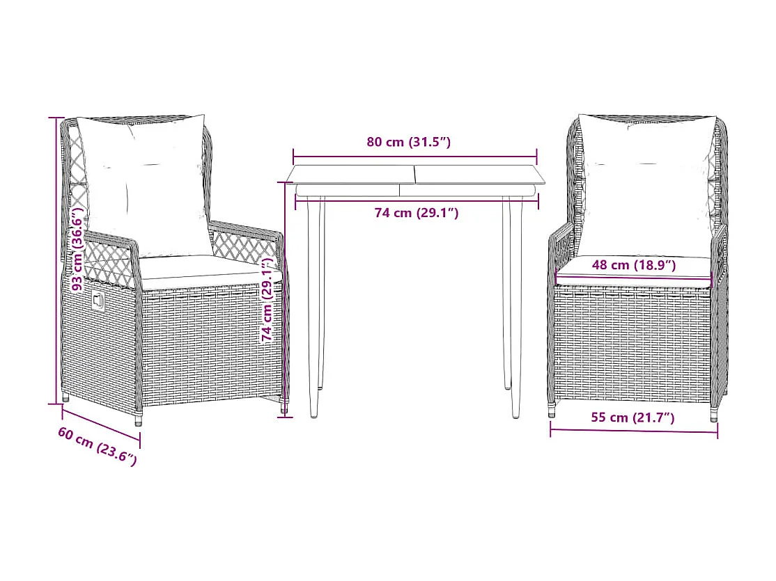 Set comedor de jardín 3 piezas con cojines ratán sintético beige