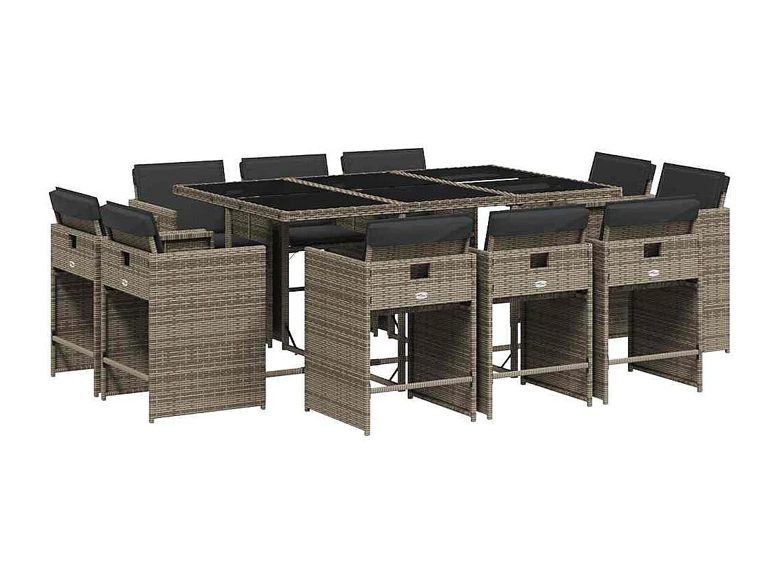 Set de comedor de jardín 11 piezas y cojines ratán sintético gris