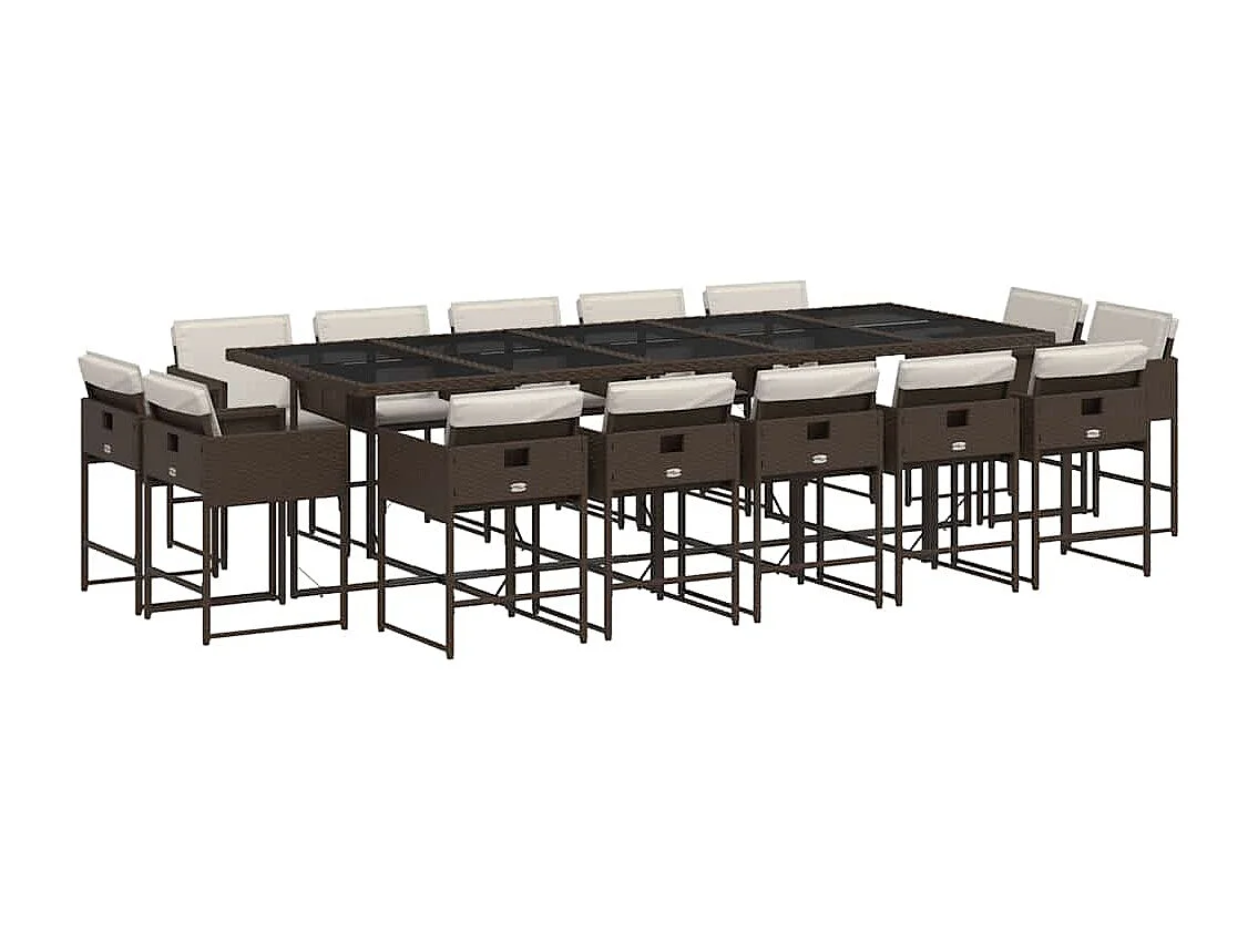 Set comedor de jardín y cojines 15 piezas ratán sintético marrón