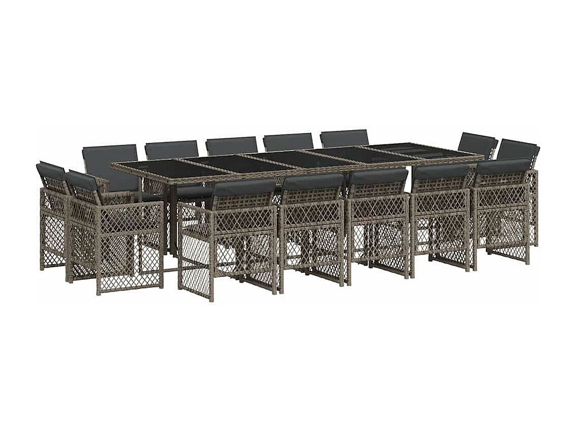 Set comedor de jardín con cojines 15 piezas ratán sintético gris