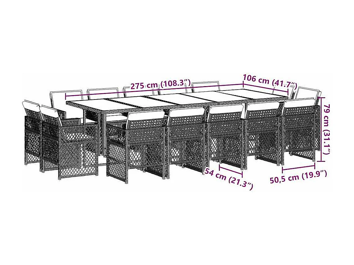 Set comedor de jardín con cojines 15 piezas ratán sintético gris
